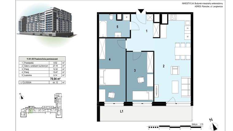 Rzut - Mieszkanie na sprzedaż 3 pokoje o powierzchni 69,96 m² - numer 112 w Langiewicza 37