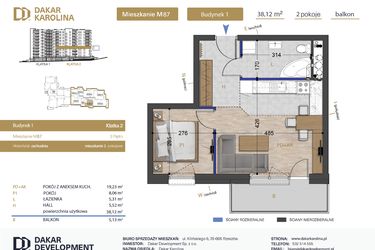 Rzut - Mieszkanie na sprzedaż 2 pokoje o powierzchni 38,12 m² - numer 87 w Osiedle Dakar Karolina