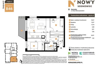 Rzut - Mieszkanie na sprzedaż 3 pokoje o powierzchni 66,03 m² - numer 46 w Nowy Sosnowiec
