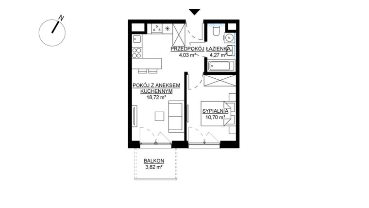 Rzut - Mieszkanie na sprzedaż 2 pokoje o powierzchni 37,72 m² - numer M37 w KWADRAT etap 2
