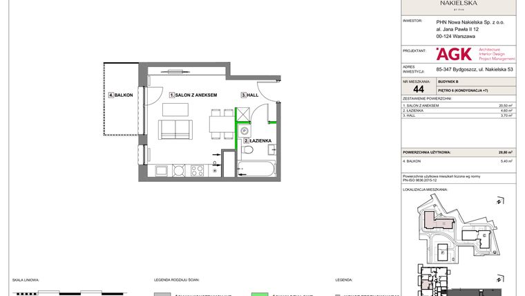 Rzut - Mieszkanie na sprzedaż 1 pokój o powierzchni 28,9 m² - numer NN-B-LM-44 w Nowa Nakielska by PHN