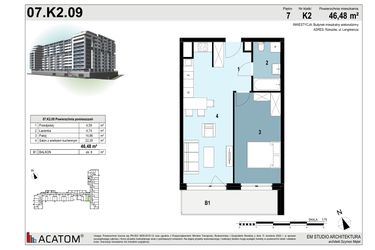 Rzut - Mieszkanie na sprzedaż 2 pokoje o powierzchni 46,48 m² - numer 07.K2.09 w Langiewicza 37