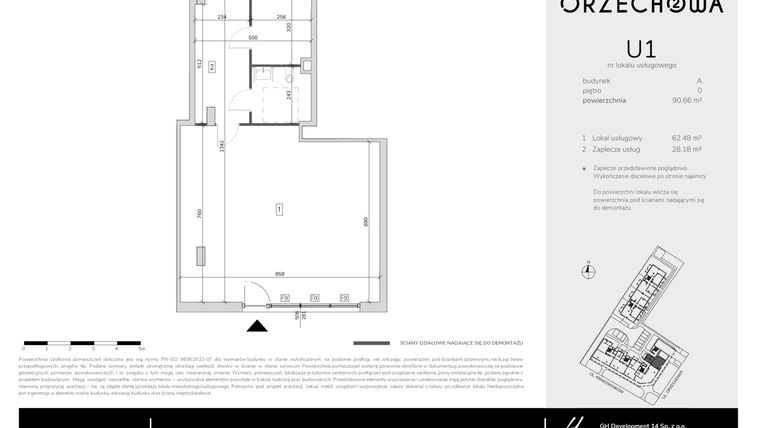 Rzut - Lokal użytkowy na sprzedaż 1 pokój o powierzchni 90,66 m² - numer U1 w Orzechowa 2