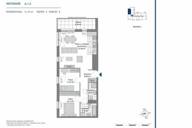 Rzut - Mieszkanie na sprzedaż 3 pokoje o powierzchni 71,77 m² - numer A.1.2 w Linea bud. A
