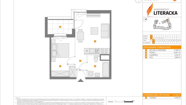Rzut - Mieszkanie na sprzedaż 2 pokoje o powierzchni 37,56 m² - numer E.8 w Apartamenty Literacka etap 2.2