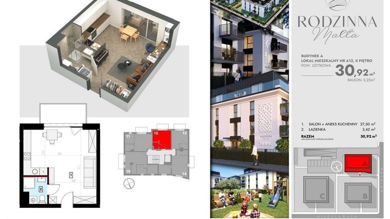 Rzut - Mieszkanie na sprzedaż 1 pokój o powierzchni 30,92 m² - numer A12 w Rodzinna Malta