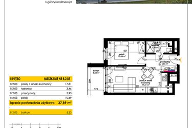 Rzut - Mieszkanie na sprzedaż 2 pokoje o powierzchni 37,89 m² - numer B 2.03 w Park Moniuszki II C