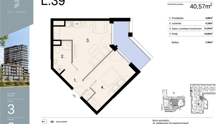 Rzut - Mieszkanie na sprzedaż 2 pokoje o powierzchni 40,57 m² - numer L39 w Sky Trust etap II - apartamenty inwestycyjne 23% VAT PRS