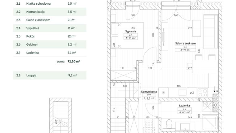 Rzut - Mieszkanie na sprzedaż 4 pokoje o powierzchni 72,2 m² - numer A2M4 w Nefrytowa Park