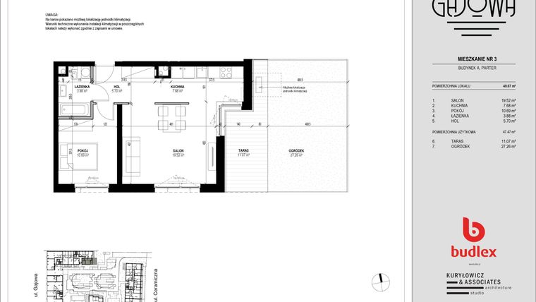 Rzut - Mieszkanie na sprzedaż 2 pokoje o powierzchni 48,49 m² - numer 3 w Gajowa bud. A