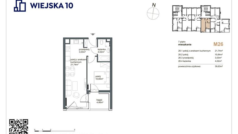 Rzut - Mieszkanie na sprzedaż 2 pokoje o powierzchni 39,63 m² - numer 26 w Wiejska 10