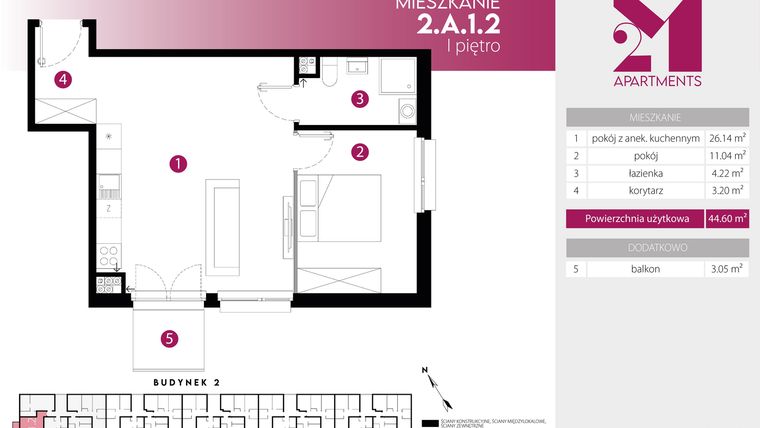 Rzut - Mieszkanie na sprzedaż 2 pokoje o powierzchni 44,6 m² - numer 2.A.1.2 w Maślice Wrocław Milo Dobry Deweloper etap III