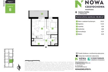 Rzut - Mieszkanie na sprzedaż 2 pokoje o powierzchni 48,48 m² - numer D8 w Nowa Częstochowa Małopolska etap II