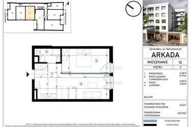 Rzut - Mieszkanie na sprzedaż 2 pokoje o powierzchni 43,71 m² - numer 12 w N15