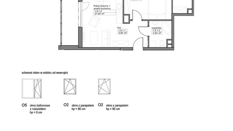 Rzut - Mieszkanie na sprzedaż 2 pokoje o powierzchni 47,31 m² - numer B.1.5.1 w Optima VIII