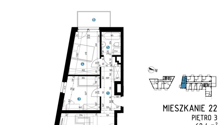 Rzut - Mieszkanie na sprzedaż 3 pokoje o powierzchni 62,4 m² - numer 6A.22 w Parkowa 6AC - ETAP III