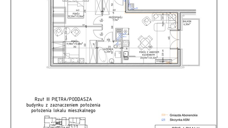 Rzut - Mieszkanie na sprzedaż 3 pokoje o powierzchni 56,47 m² - numer 62 w Osiedle Sady bud. E4
