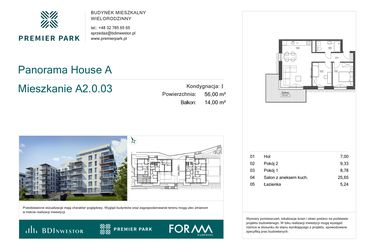 Rzut - Mieszkanie na sprzedaż 3 pokoje o powierzchni 56 m² - numer A2.0.03 w Premier Park II