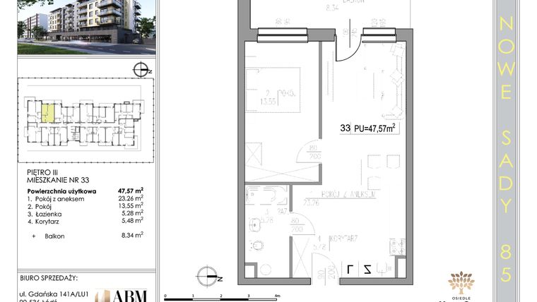 Rzut - Mieszkanie na sprzedaż 2 pokoje o powierzchni 47,68 m² - numer 33 w Nowe Sady 85