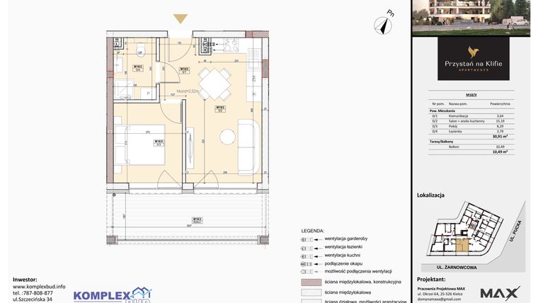 Rzut - Mieszkanie na sprzedaż 2 pokoje o powierzchni 30,88 m² - numer M18 w Przystań na Klifie