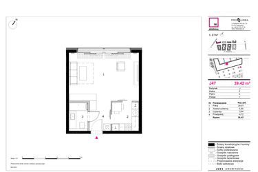 Rzut - Mieszkanie na sprzedaż 1 pokój o powierzchni 39,42 m² - numer J47 w 19. Dzielnica Etap V