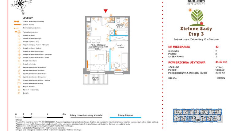 Rzut - Mieszkanie na sprzedaż 2 pokoje o powierzchni 34,4 m² - numer 43 w Zielone Sady etap III B2
