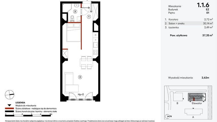 Rzut - Mieszkanie na sprzedaż 1 pokój o powierzchni 37,35 m² - numer EZ.1.1.6 w Elewator - Mieszkania i Lofty