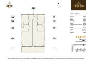 Rzut - Mieszkanie na sprzedaż 2 pokoje o powierzchni 60,64 m² - numer 12.75 w Apartamenty Central Park Wrocław