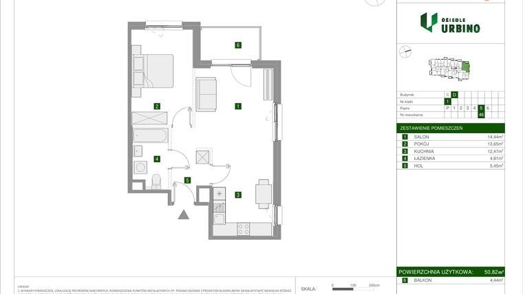 Rzut - Mieszkanie na sprzedaż 2 pokoje o powierzchni 50,82 m² - numer 2.2.D.46 w Osiedle Urbino etap II