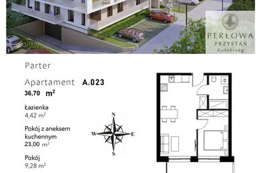 Rzut - Mieszkanie na sprzedaż 2 pokoje o powierzchni 36,7 m² - numer A.023 w Perłowa Przystań - Kołobrzeg - etap II