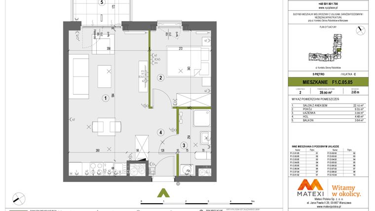Rzut - Mieszkanie na sprzedaż 2 pokoje o powierzchni 39,9 m² - numer F1.C.05.05 w XYZ Place