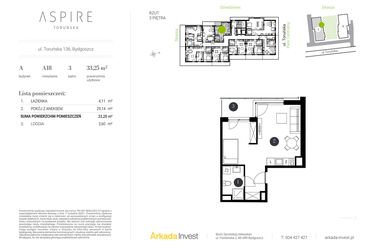 Rzut - Mieszkanie na sprzedaż 1 pokój o powierzchni 33,25 m² - numer A.18 w Aspire