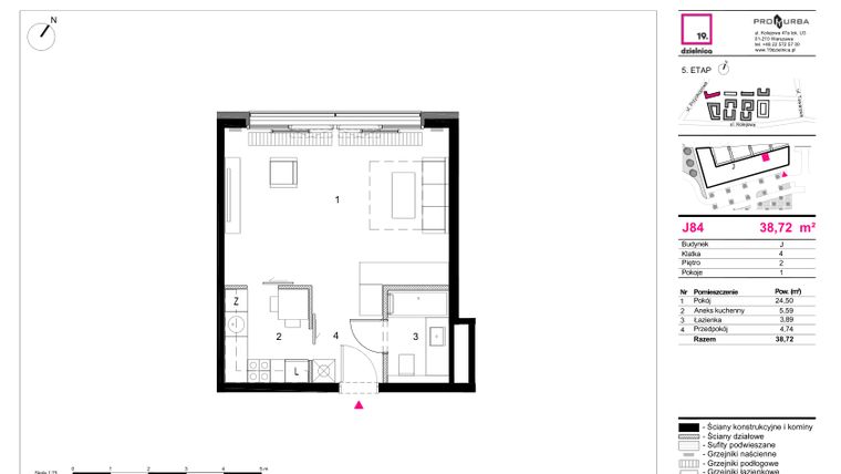 Rzut - Mieszkanie na sprzedaż 1 pokój o powierzchni 38,72 m² - numer J84 w 19. Dzielnica Etap V