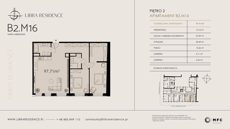 Rzut - Mieszkanie na sprzedaż 3 pokoje o powierzchni 97,71 m² - numer B2.M16 w Libra Residence