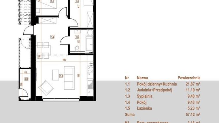 Rzut - Mieszkanie na sprzedaż 4 pokoje o powierzchni 57,12 m² - numer 4.1 w Osiedle Dębowe