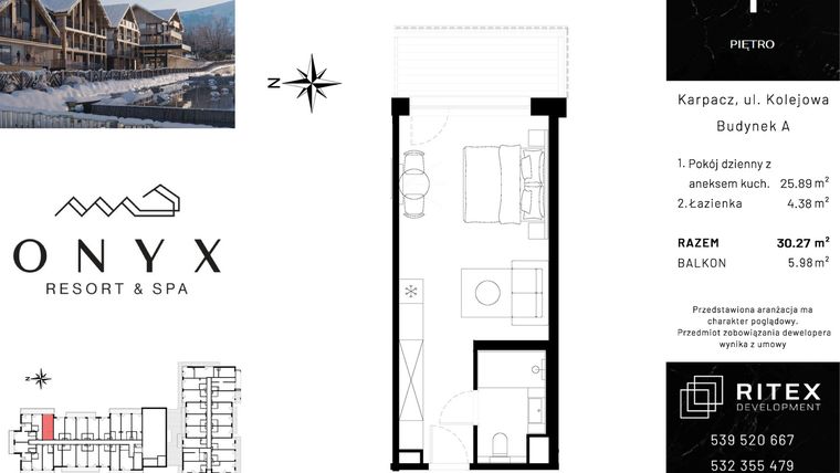 Rzut - Mieszkanie na sprzedaż 1 pokój o powierzchni 30,27 m² - numer 01.A12 w Onyx Resort & Spa