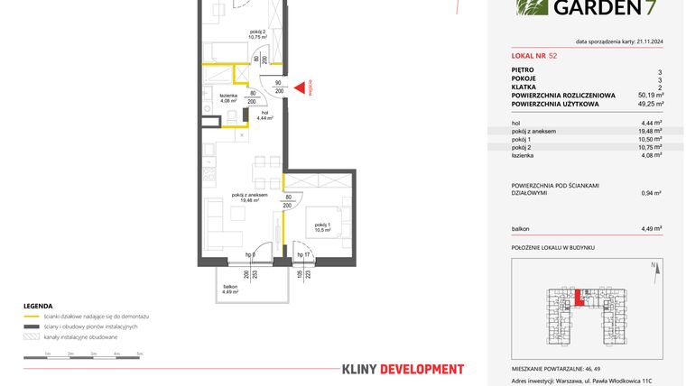 Rzut - Mieszkanie na sprzedaż 3 pokoje o powierzchni 49,25 m² - numer 52 w Nova Viva Garden 7