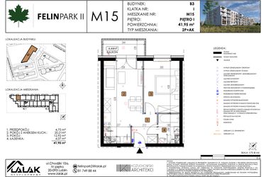 Rzut - Mieszkanie na sprzedaż 2 pokoje o powierzchni 41,95 m² - numer M15 w Felin Park II etap 2