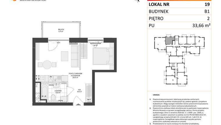 Rzut - Mieszkanie na sprzedaż 1 pokój o powierzchni 33,66 m² - numer 19 w Locus 2
