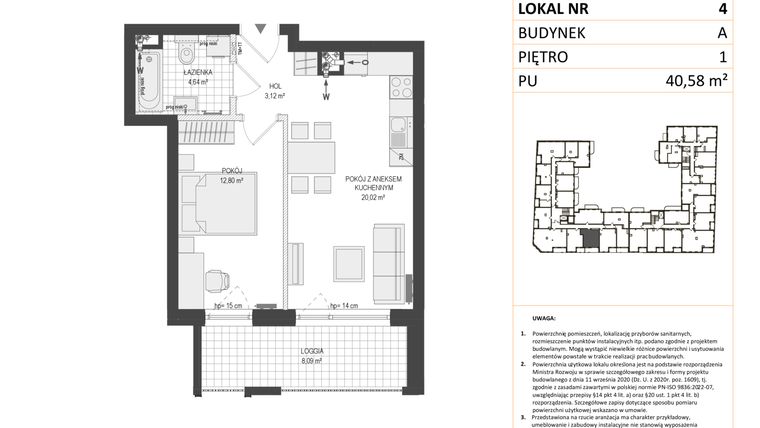 Rzut - Mieszkanie na sprzedaż 2 pokoje o powierzchni 40,58 m² - numer A.4 w Esencja