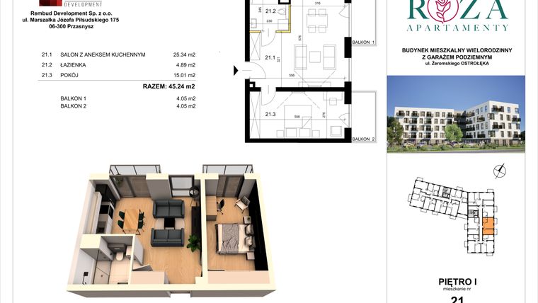 Rzut - Mieszkanie na sprzedaż 2 pokoje o powierzchni 45,24 m² - numer M  21 w Apartamenty Róża