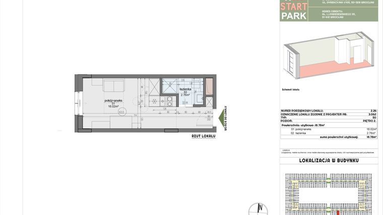 Rzut - Mieszkanie na sprzedaż 1 pokój o powierzchni 18,78 m² - numer 2.26 w START PARK