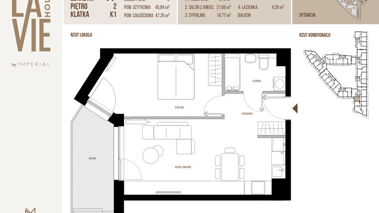 Rzut - Mieszkanie na sprzedaż 2 pokoje o powierzchni 45,84 m² - numer 17 w La Vie House