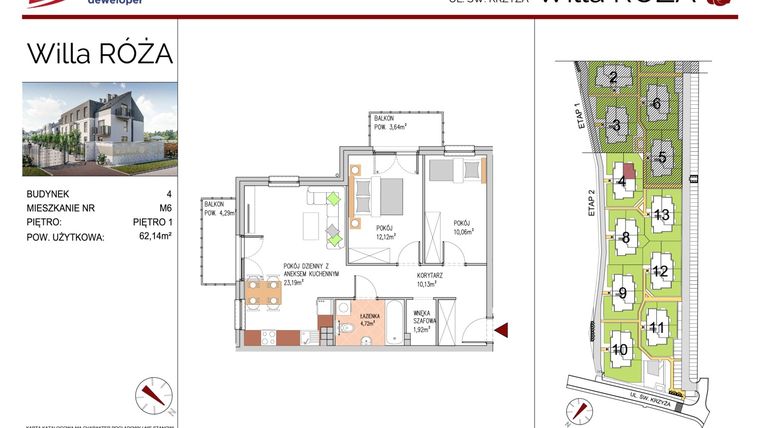 Rzut - Mieszkanie na sprzedaż 3 pokoje o powierzchni 62,14 m² - numer B4-M6 w Willa Róża