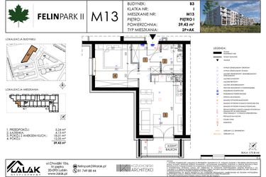 Rzut - Mieszkanie na sprzedaż 2 pokoje o powierzchni 39,43 m² - numer M13 w Felin Park II etap 2