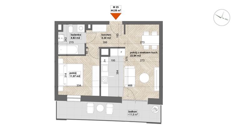 Rzut - Mieszkanie na sprzedaż 2 pokoje o powierzchni 44,08 m² - numer 25 w Apartamenty Śródmieście