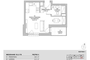 Rzut - Mieszkanie na sprzedaż 1 pokój o powierzchni 30,58 m² - numer 1D.2.178 w Francuska Park VIIIB
