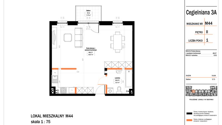 Rzut - Mieszkanie na sprzedaż 1 pokój o powierzchni 54,08 m² - numer 44 w Osiedle StaLove etap II