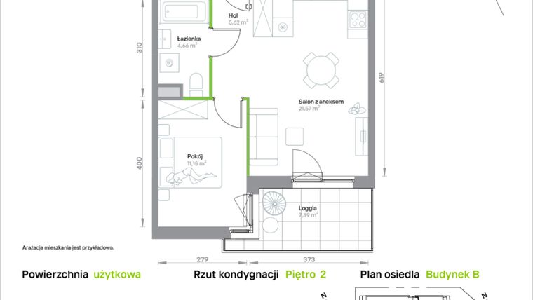Rzut - Mieszkanie na sprzedaż 2 pokoje o powierzchni 43 m² - numer B/2/11 w Krakowska Vita