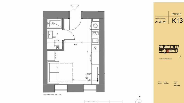 Rzut - Mieszkanie na sprzedaż 1 pokój o powierzchni 21,3 m² - numer K13 w Rezydencja San Petrus